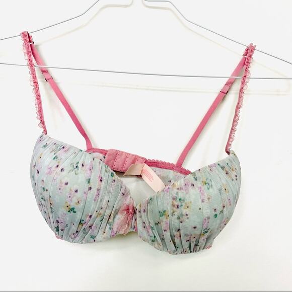 NEW VS VICTORIAS SECRET Blue Mesh Lavender Floral Ruffle Padded Demi Bra 32D - Picture 1 of 8